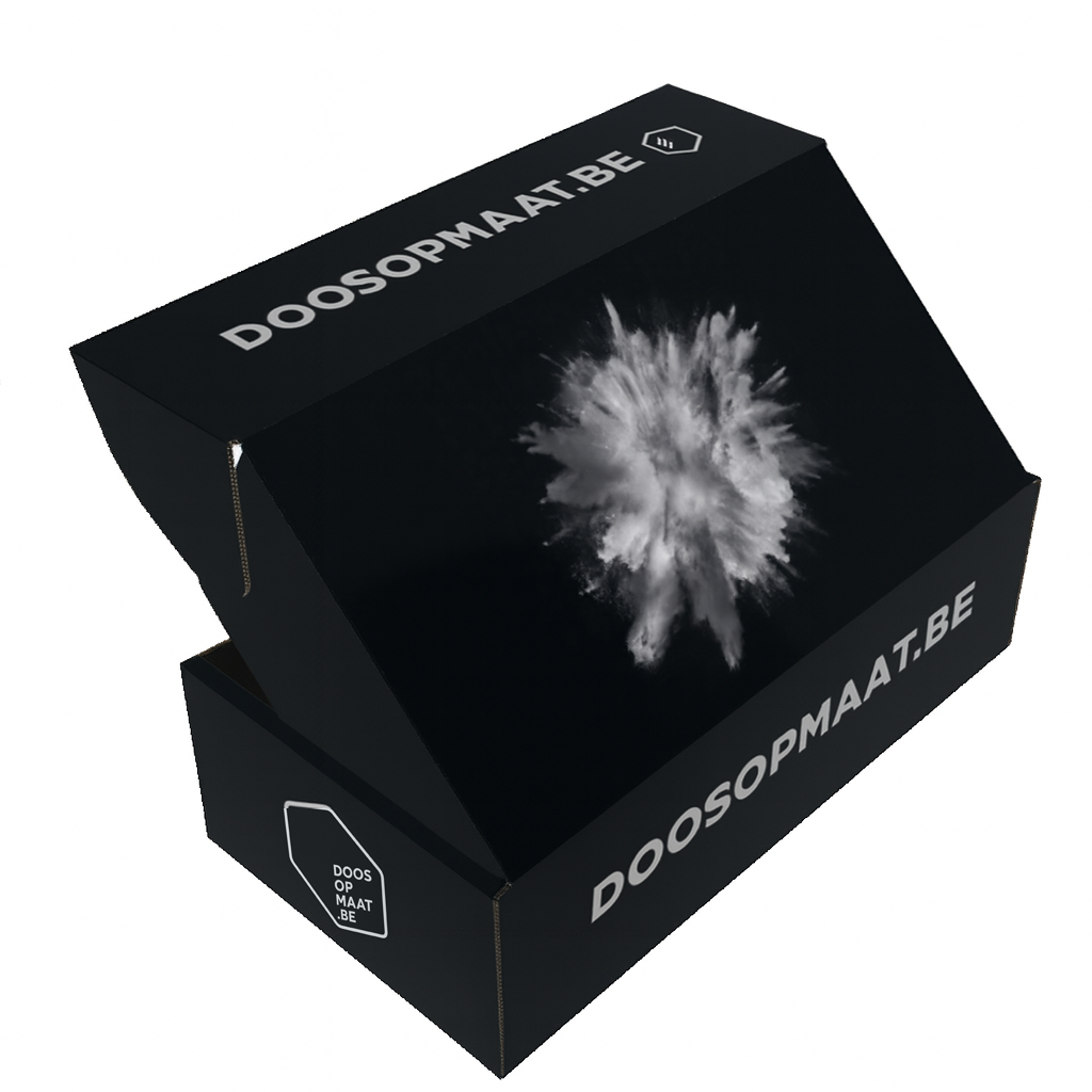 Doos zwart karton witte bedrukking | Doosopmaat.be